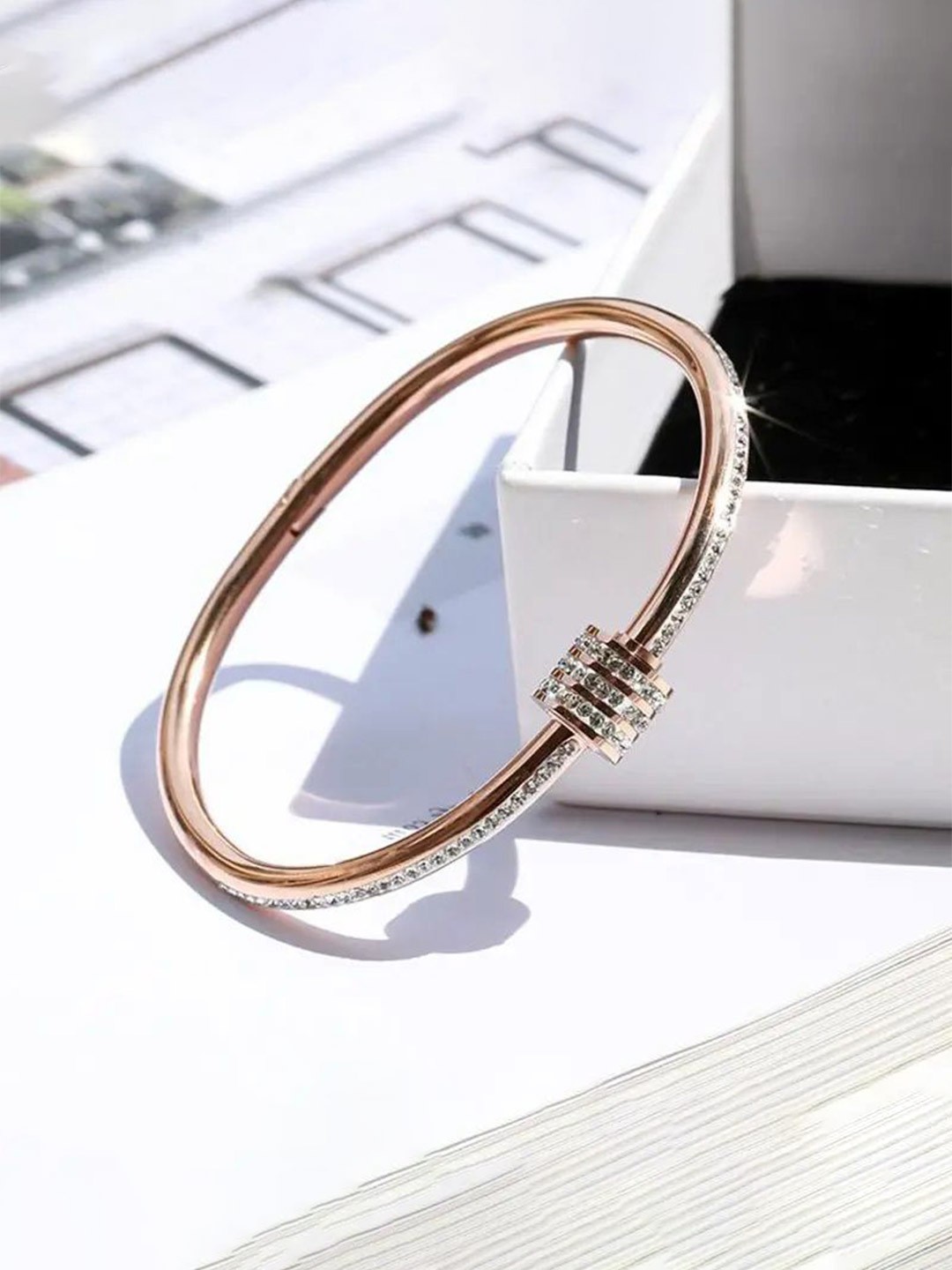 

MEENAZ Women American Diamond Antique Rose Gold-Plated Kada Bracelet