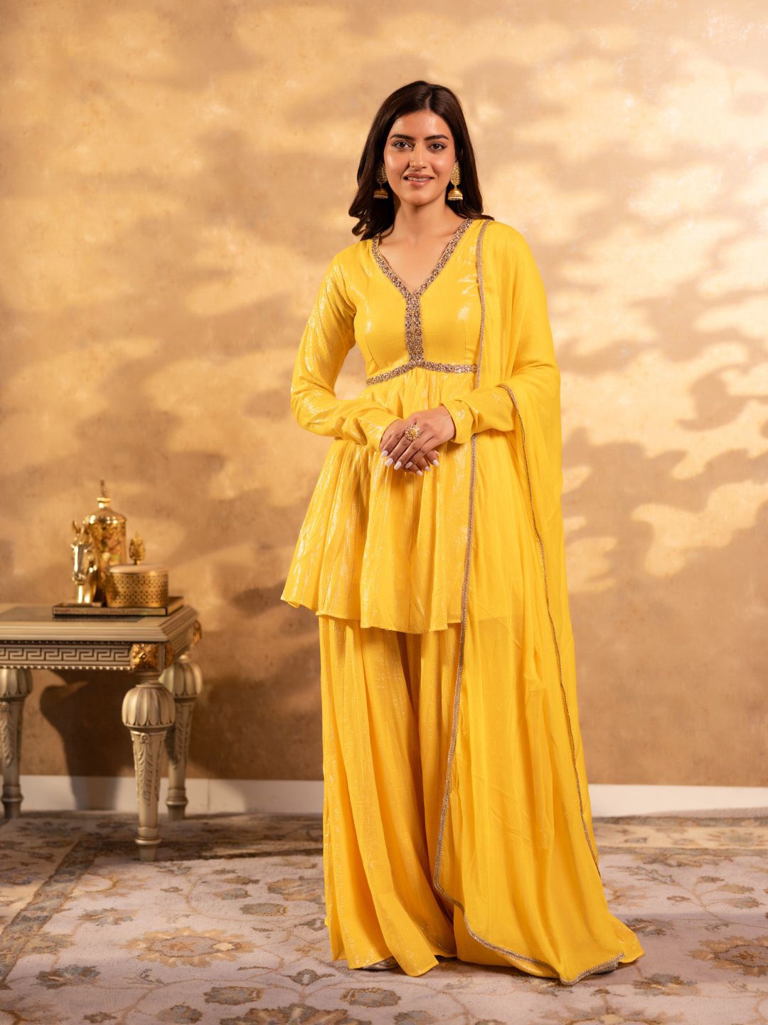 

Ambraee Embroidered Empire Beads and Stones Anarkali Kurti With Sharara & Dupatta, Yellow