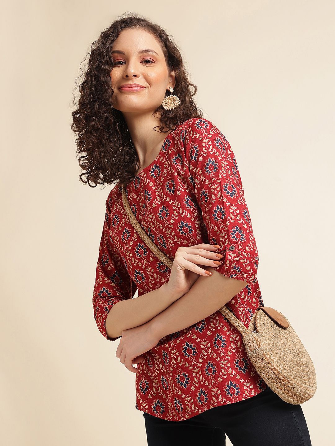 

all about you Embellished Print Roll-Up Sleeves Top, Red