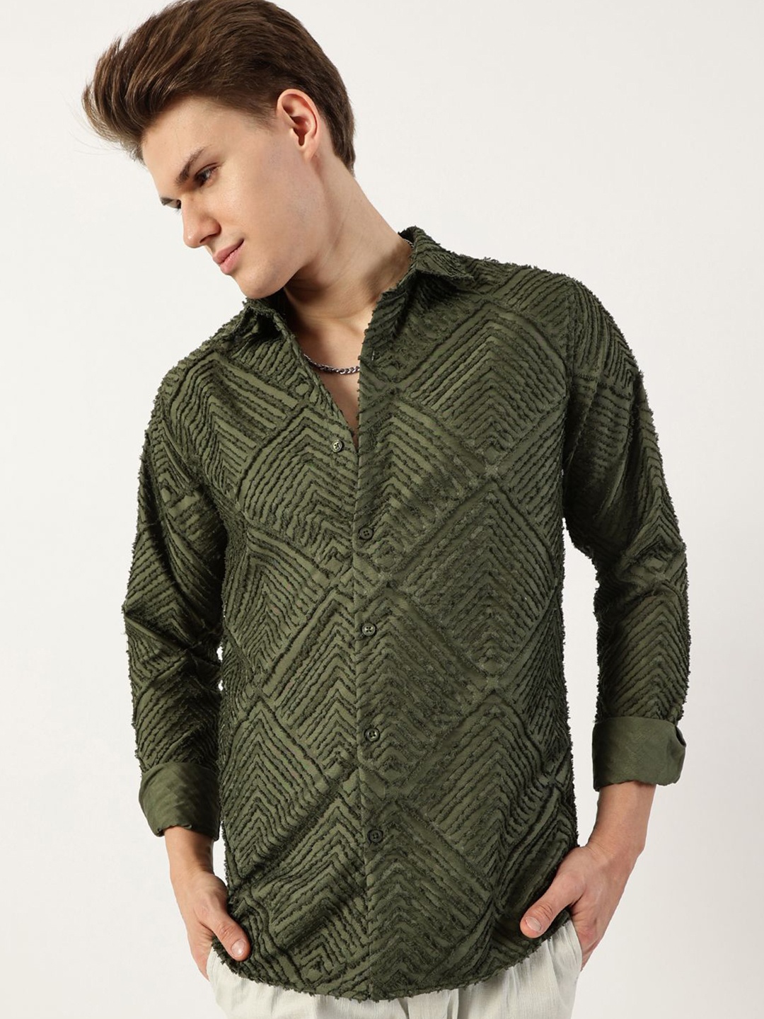

Thomas Scott Men Premium Spread Collar Textured Solid Slim Fit Casual Shirt, Green