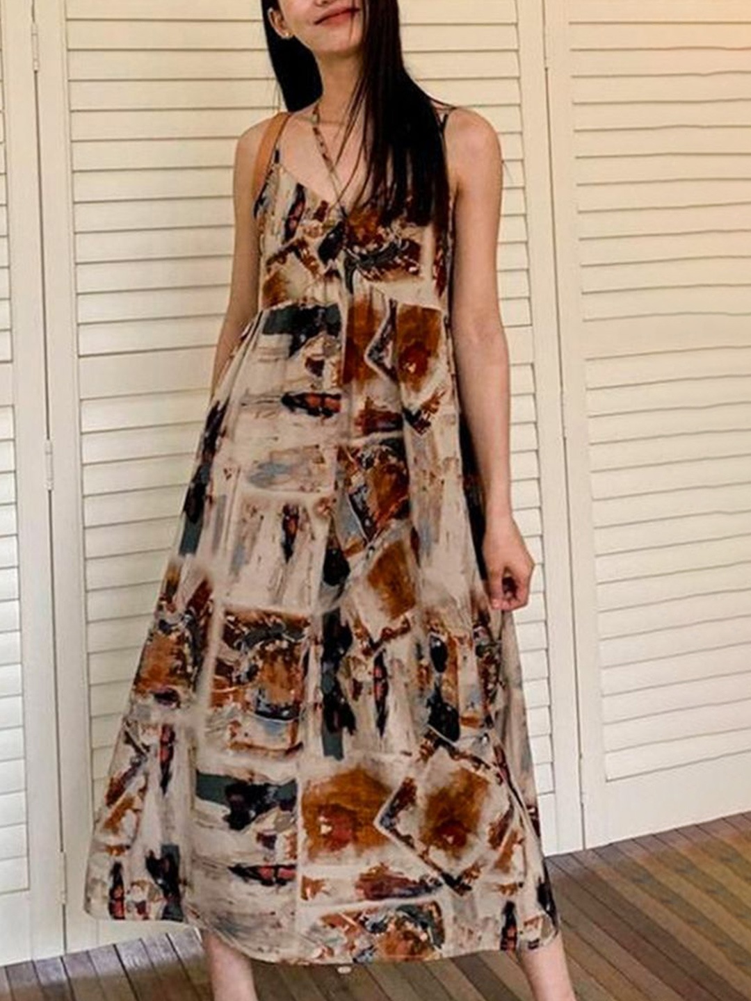 

LULU & SKY Women Abstract Printed Shoulder Straps Empire Maxi Dress, Brown
