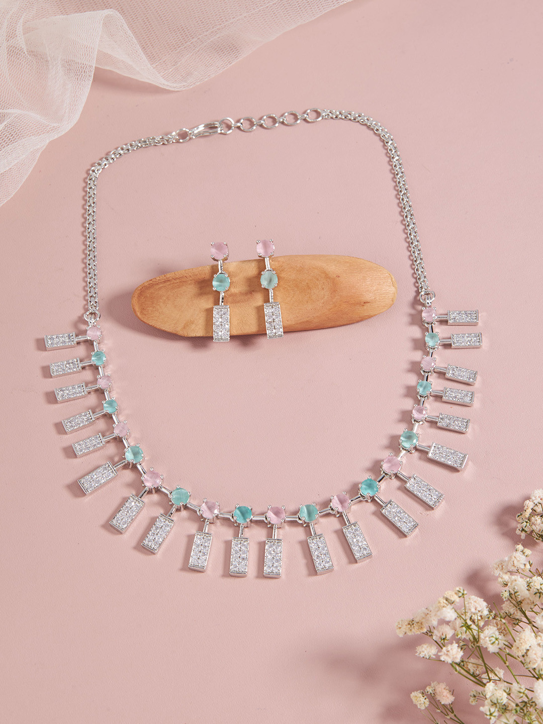 

Boghra Sales Silver-Plated American Diamond Stone-Studded Necklace and Earrings