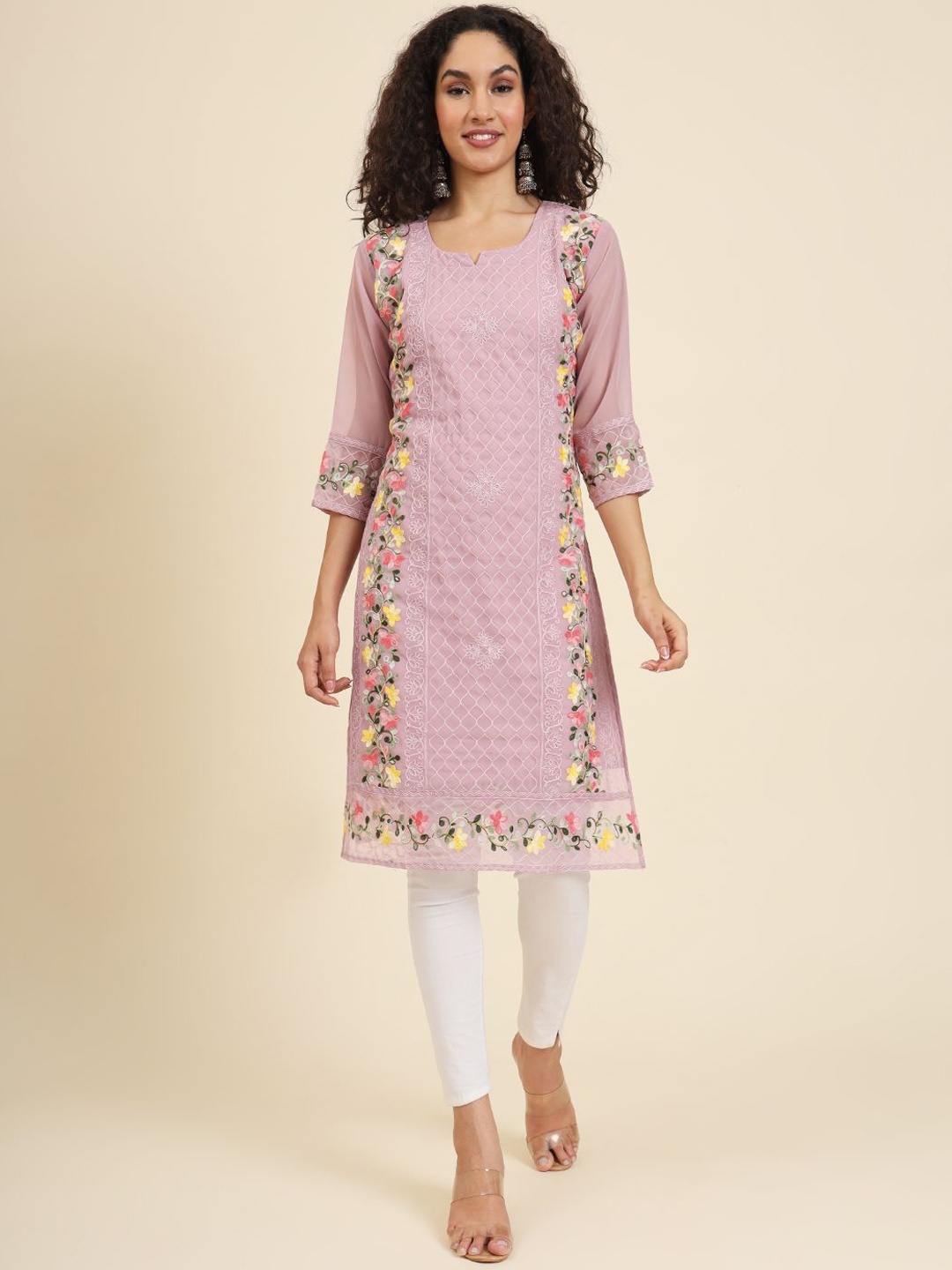 

HERE&NOW Women Floral Embroidered Thread Work Georgette Kurta, Mauve