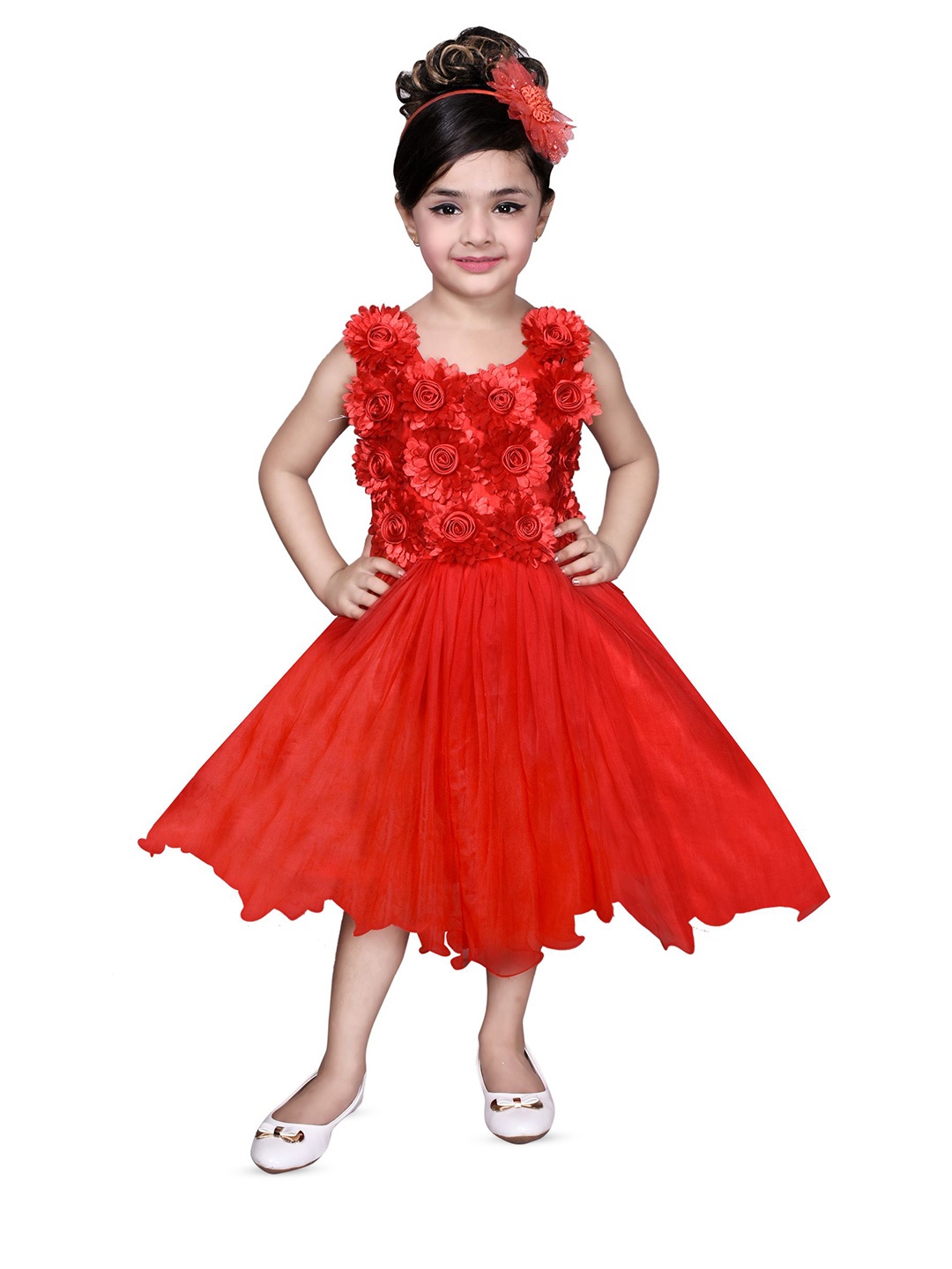 

Arshia Fashions Floral Net Fit & Flare Dress, Red