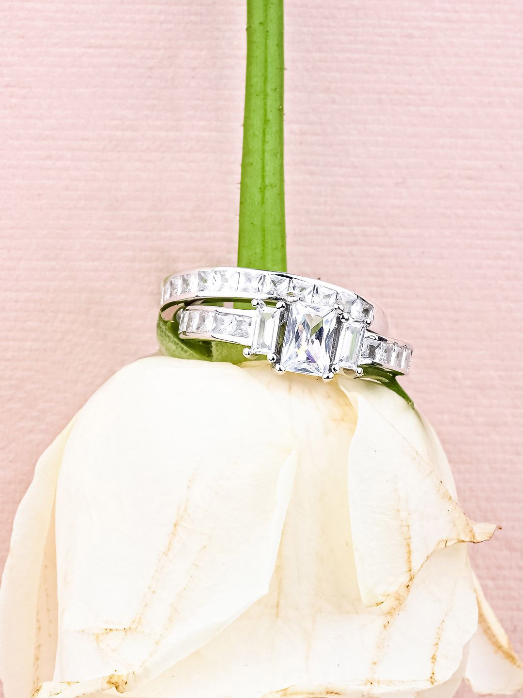 

TOUCH925 Set Of 2 Pure Silver CZ Studded Elegant Stackable Adjustable Finger Rings
