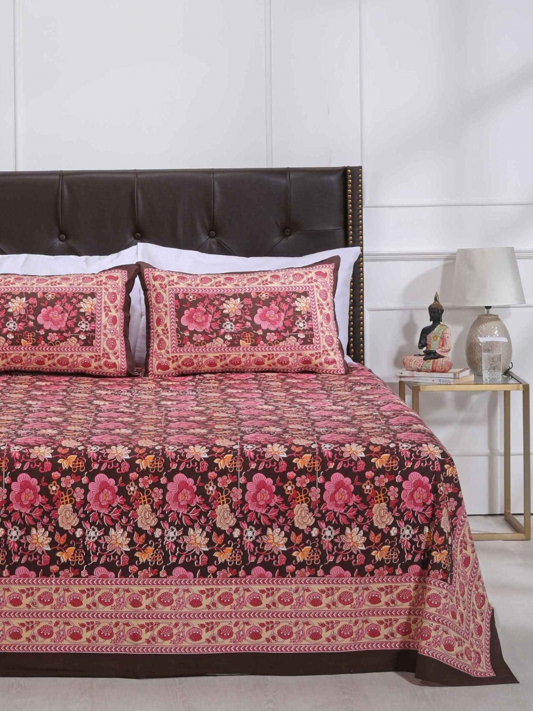 

SHAHENAZ Brown & Pink Floral 120 TC Queen Bedsheet with 2 Pillow Covers