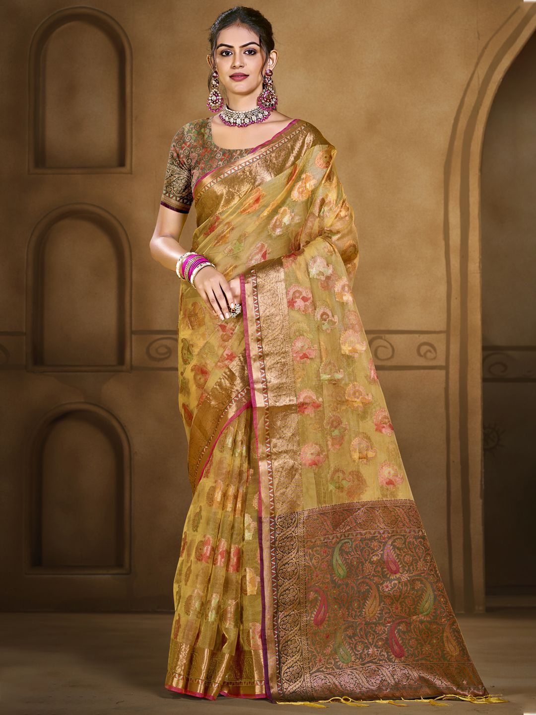 

SANGAM PRINTS Woven Design Zari Organza Tussar Saree, Yellow