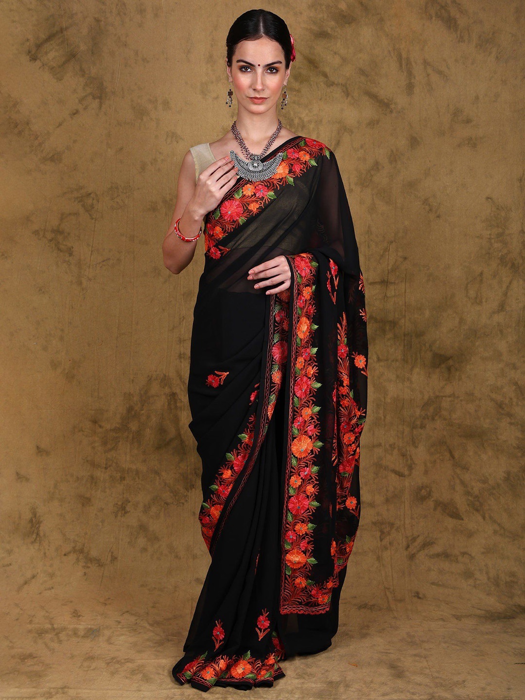 

Exotic India Floral Embroidered Pure Georgette Saree, Black