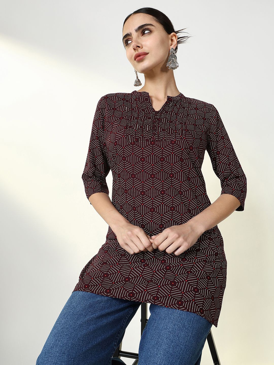 

SHOWOFF Geometric Printed Kurti, Maroon