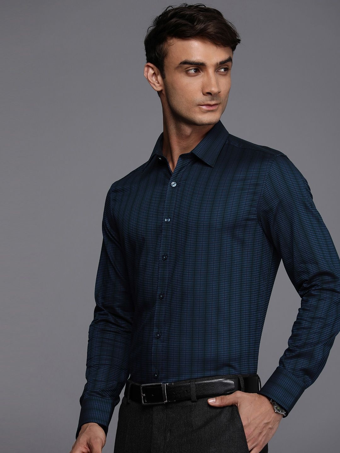 

Louis Philippe Slim Fit Checked Pure Cotton Formal Shirt, Blue
