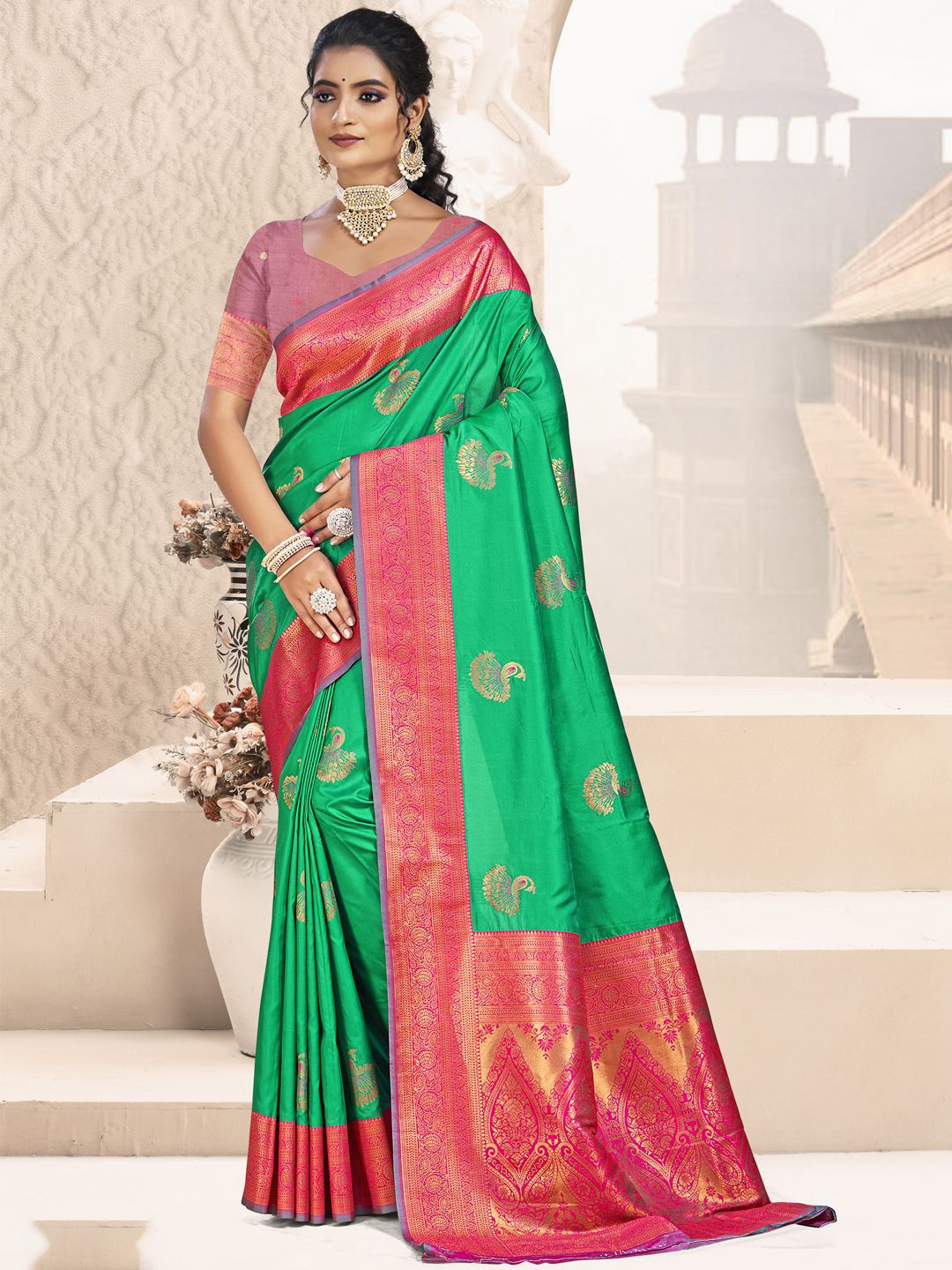 

SANGAM PRINTS Woven Design Silk Blend Designer Tussar Saree, Teal