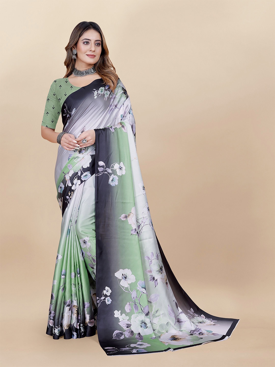 

Anouk Floral Printed Satin Saree, Grey