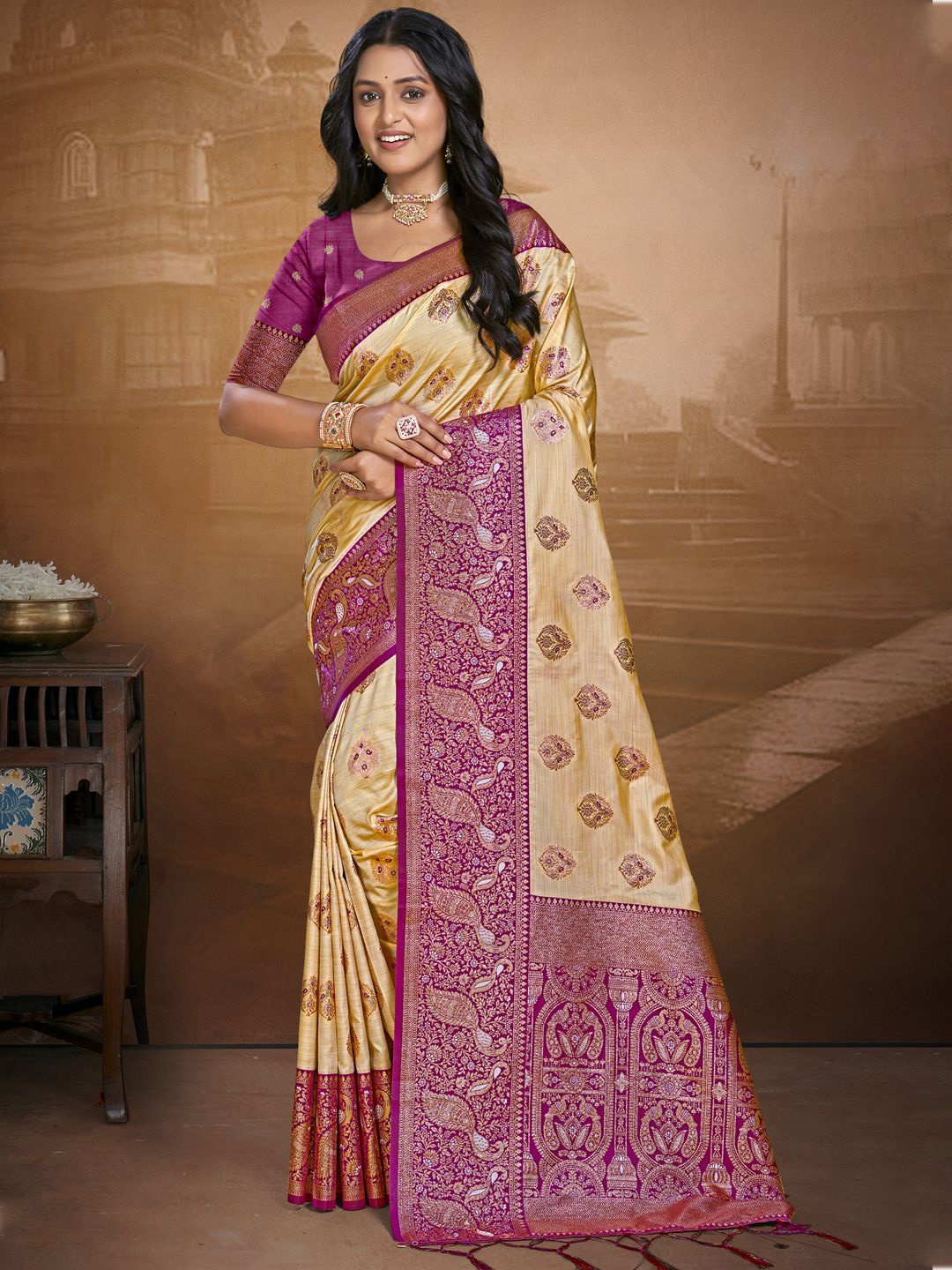 

SANGAM PRINTS Woven Design Zari Silk Blend Tussar Saree, Beige