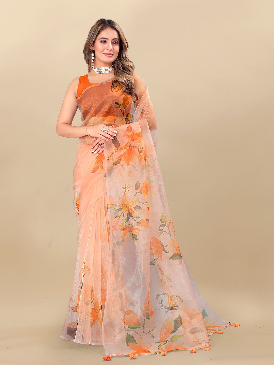 

Anouk Floral Printed Organza Saree, Orange