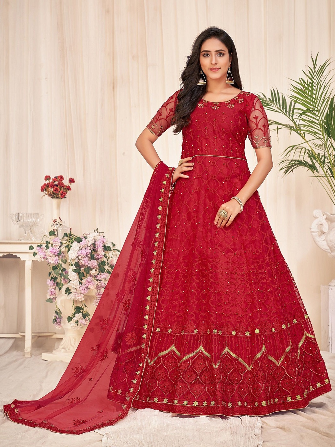 

Warthy Ent Embroidered Semi-Stitched Dress Material, Red