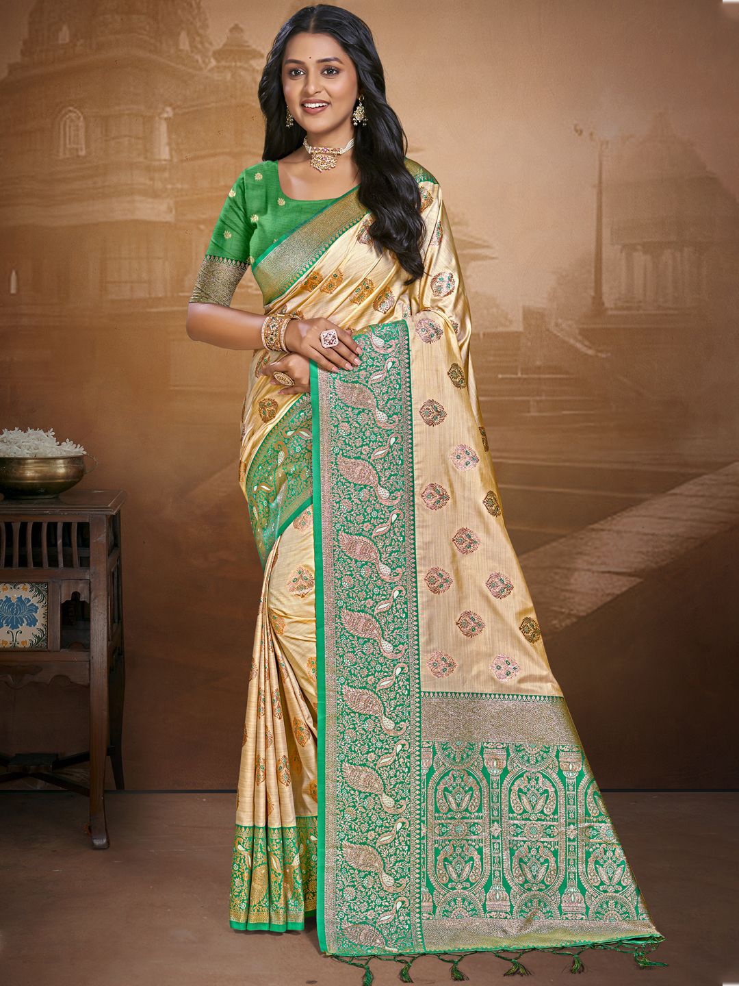 

SANGAM PRINTS Floral Zari Silk Blend Designer Tussar Saree, Beige