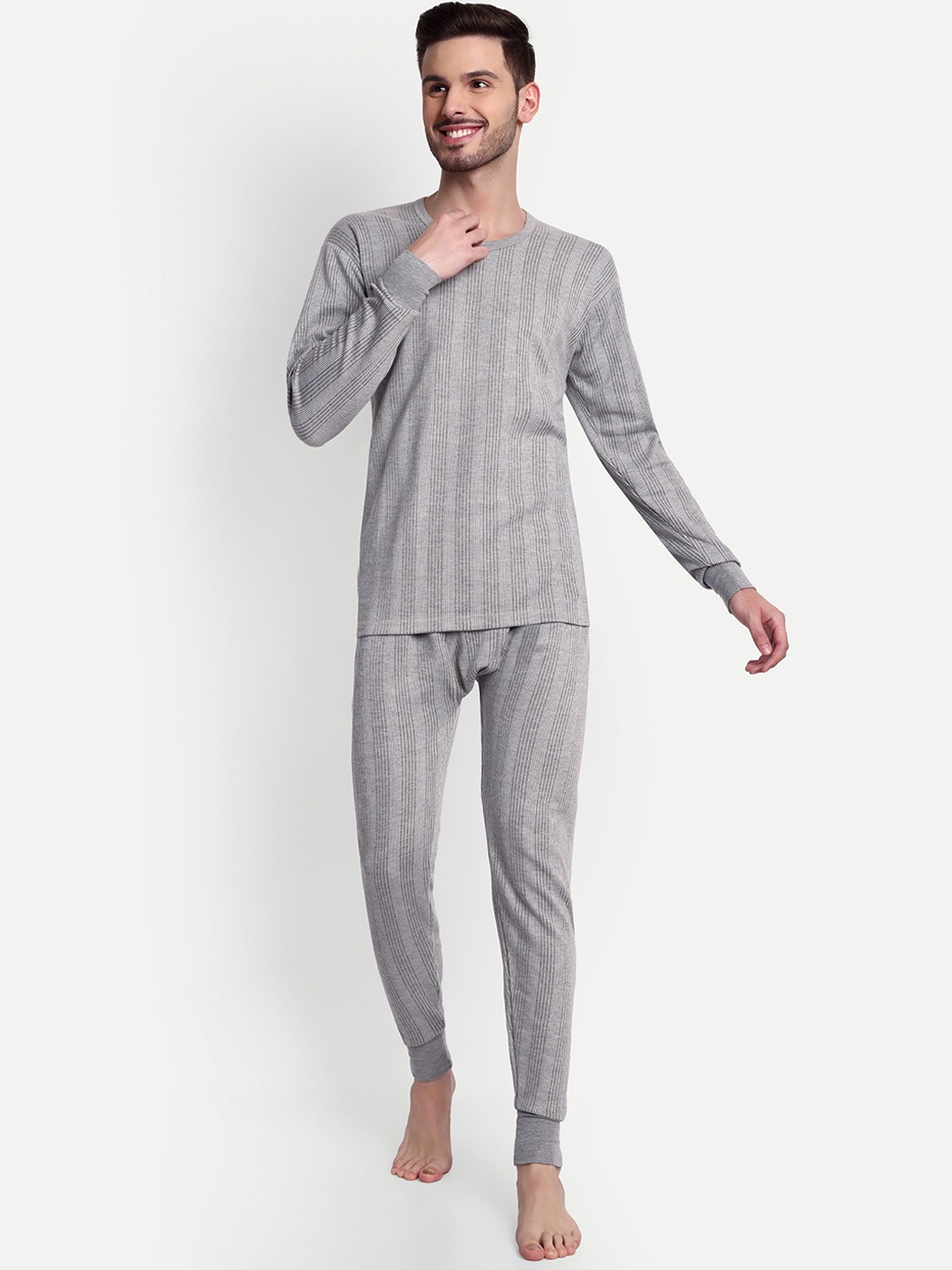 

ZEFFIT Men Striped Snug Fit Cotton Thermal Set, Grey