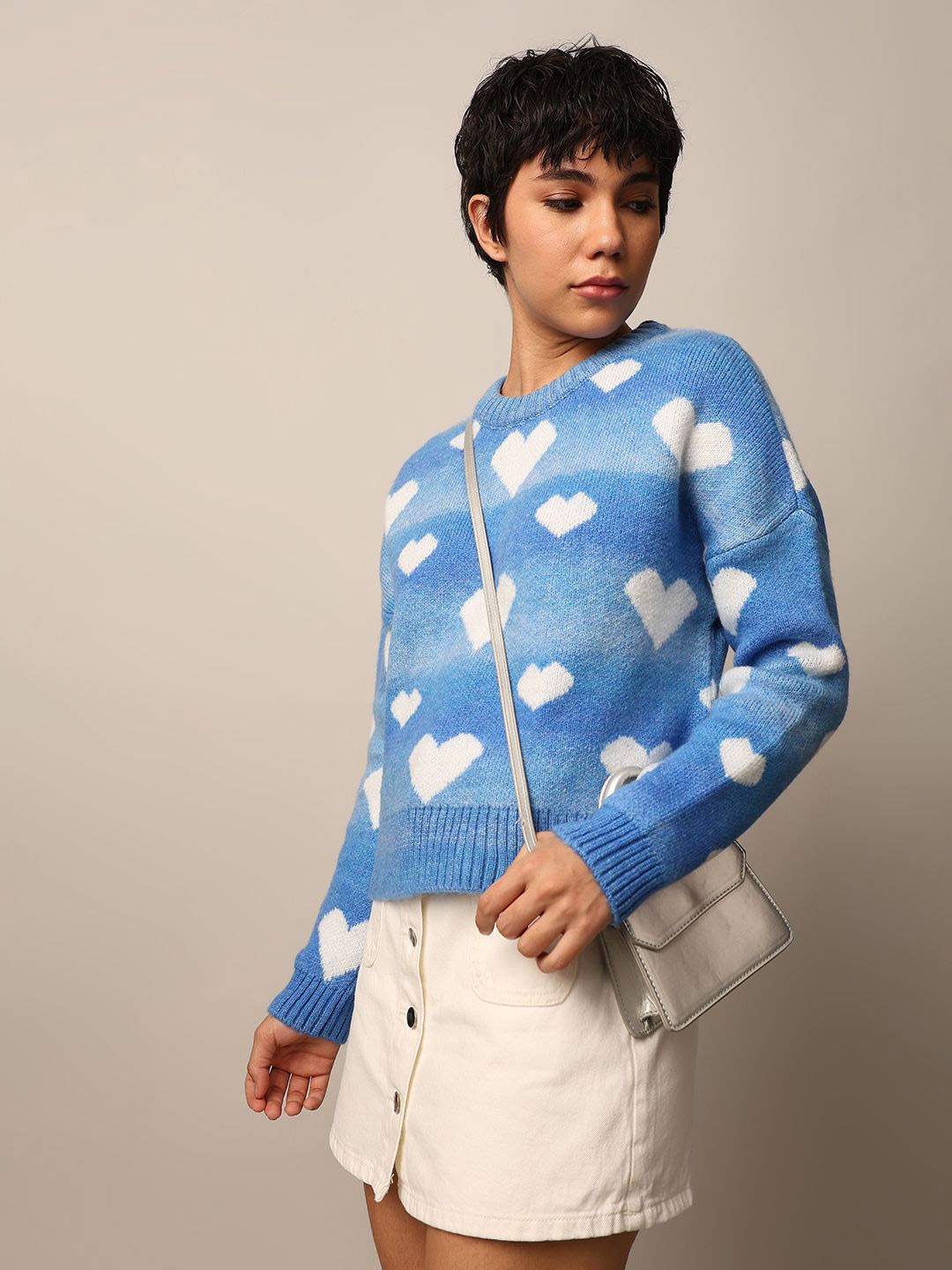 

ONLY Women Printed Pullover with Fuzzy Detail, Blue