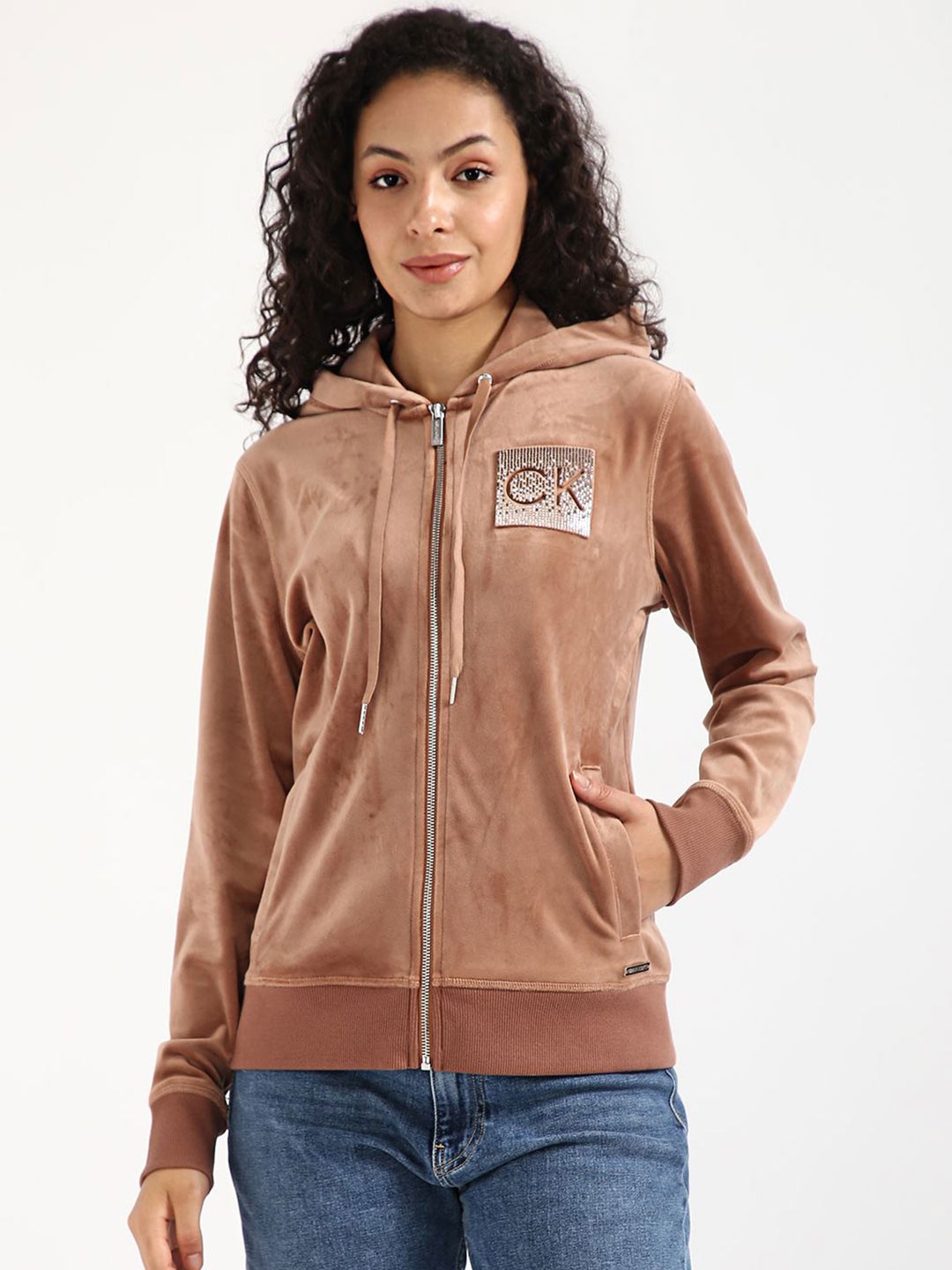 

Calvin Klein Jeans Women Hooded Front-Open Sweatshirt, Brown