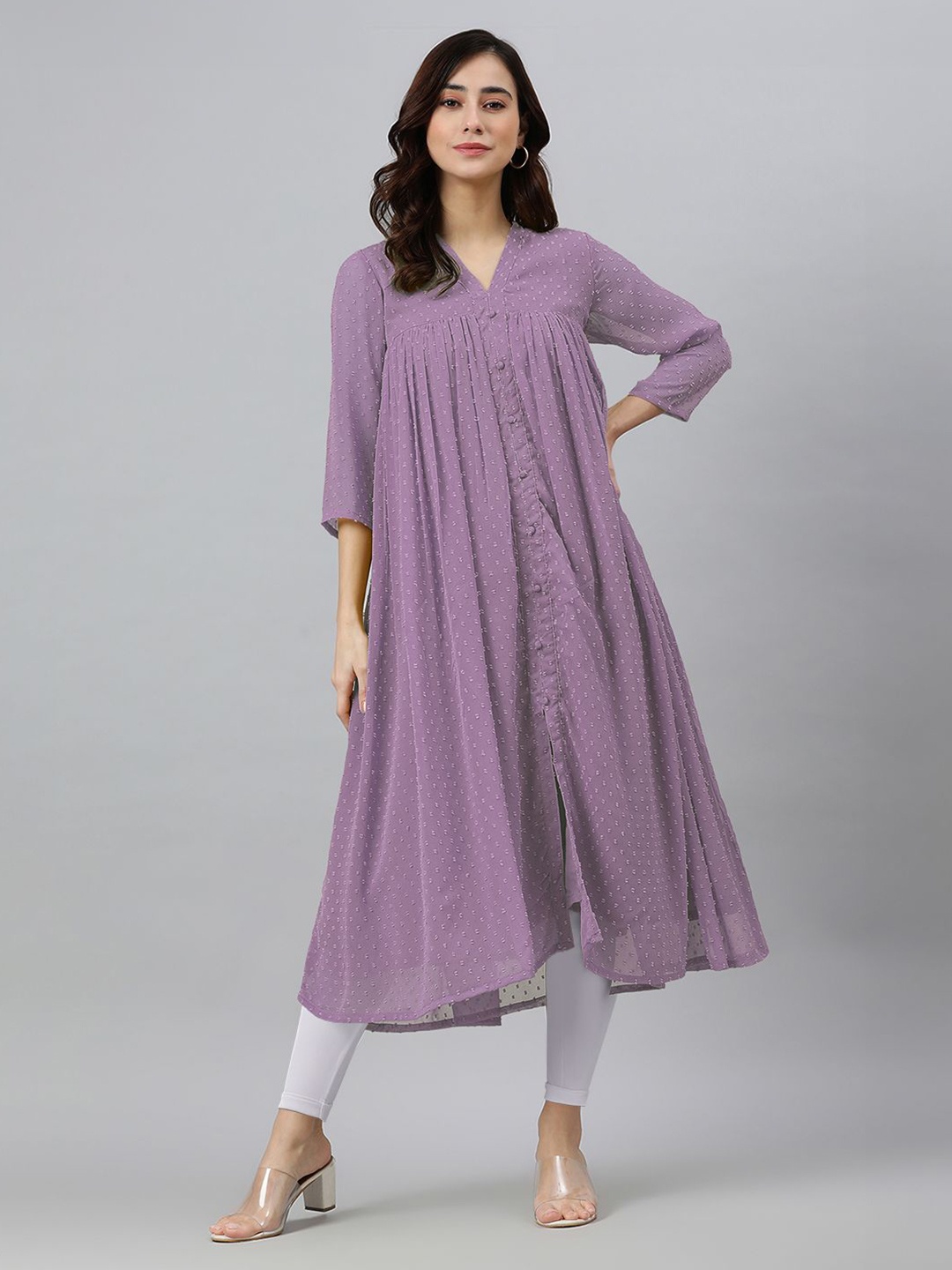 

Janasya Women's Lavender Dobby Chiffon Self Design Flared Kurta