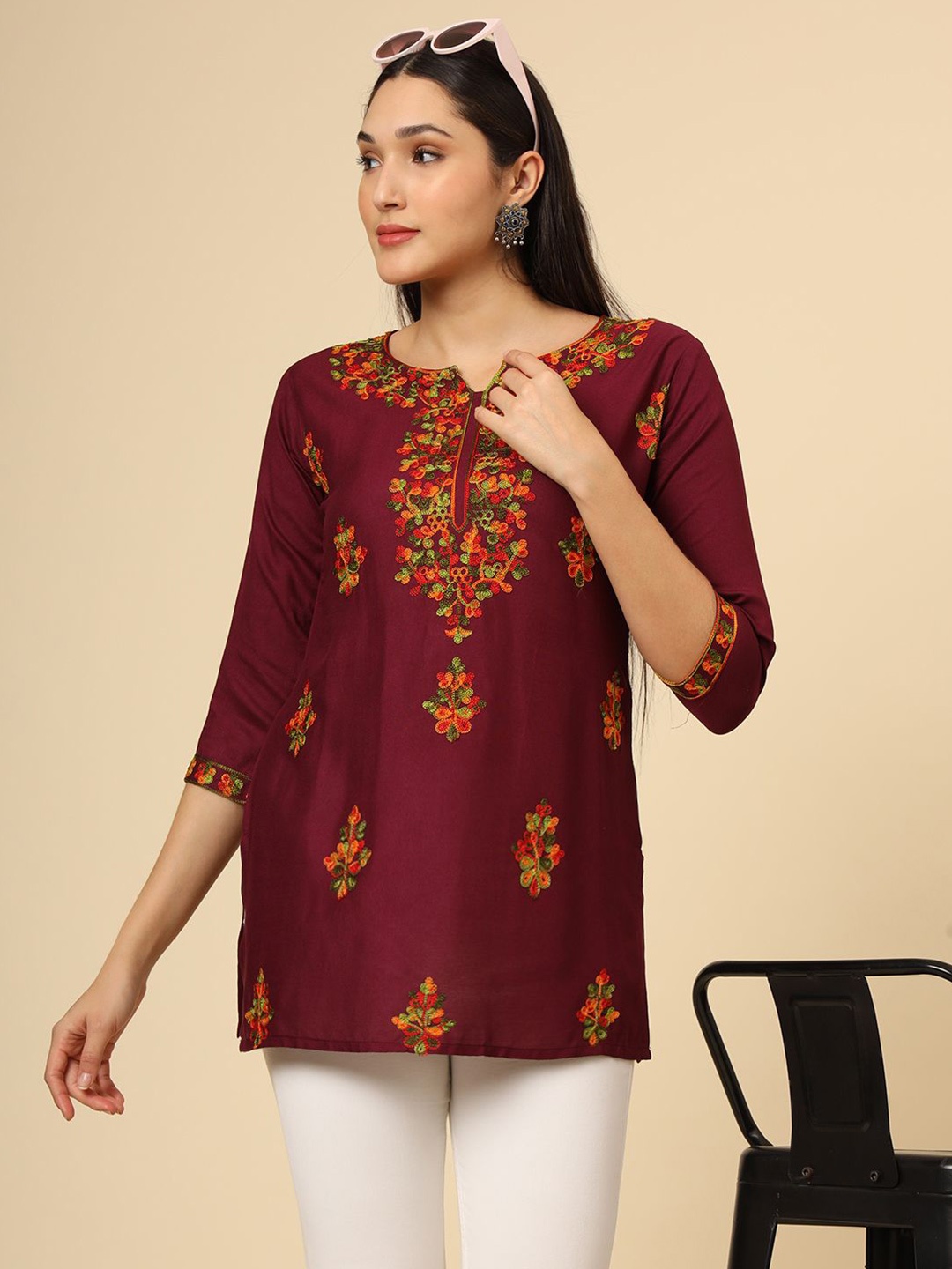 

HERE&NOW Floral Embroidered Thread Work Thread Work Kurti, Maroon