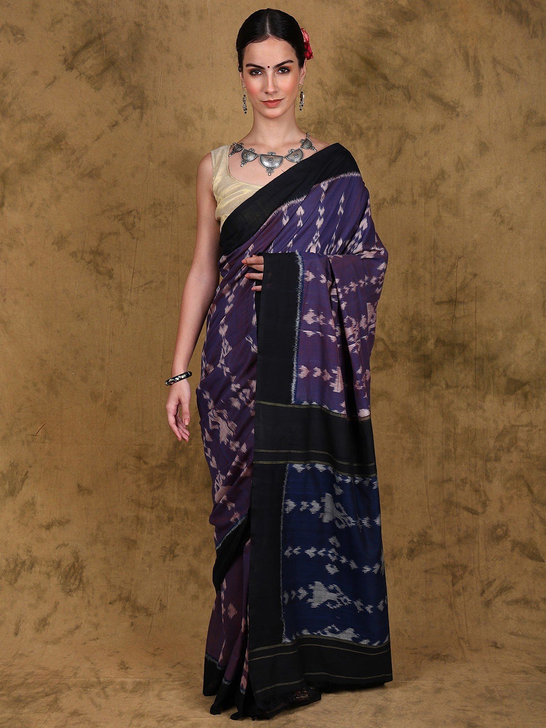 

Exotic India Pure Cotton Ikat Handloom Saree from Pochampally with Contrast Plain Border, Blue