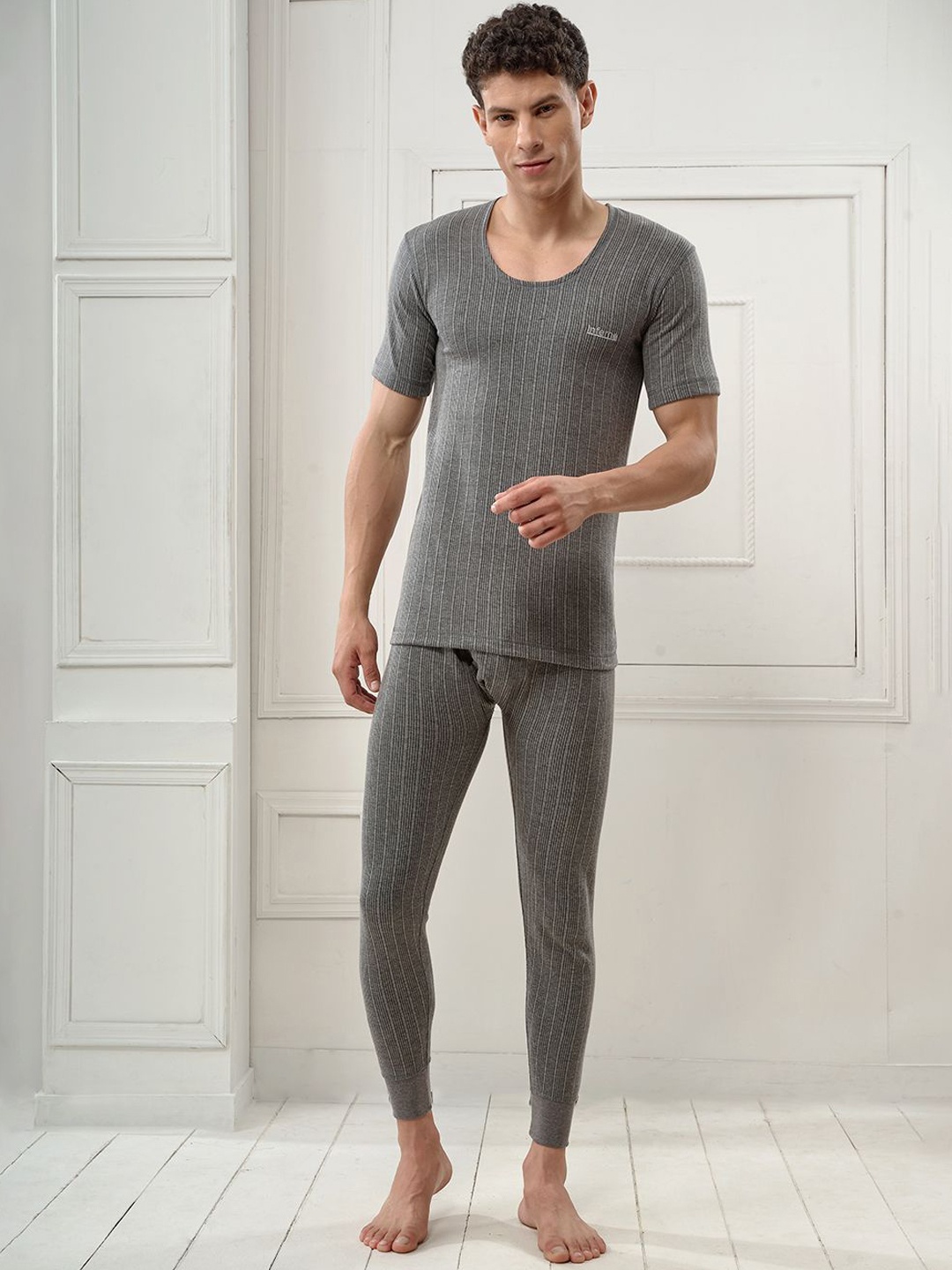 

INFERNO Men Striped Cotton Round Neck Thermal Set, Grey