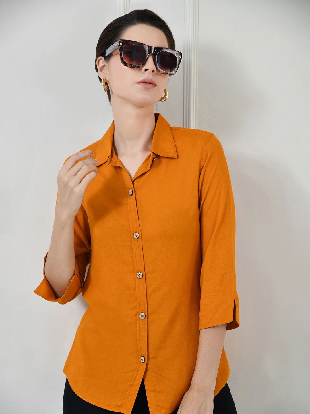 

TOLIKE Women Straight Cuban Collar Solid Cotton Casual Shirt, Mustard