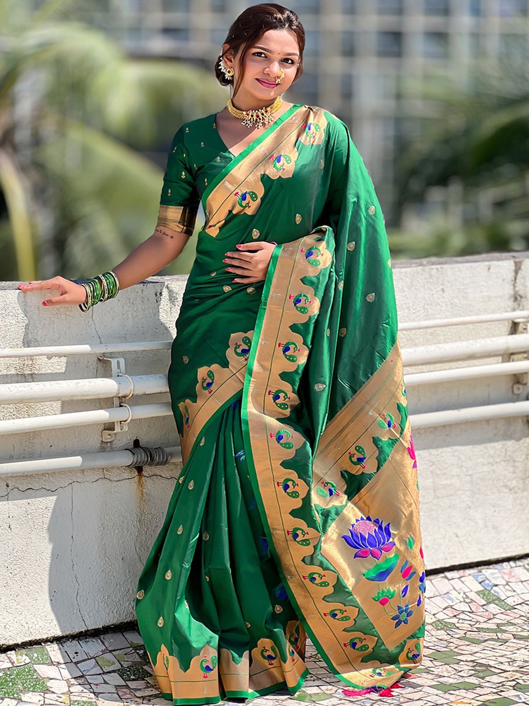 

Mitera Woven Design Zari Silk Blend Designer Paithani Saree, Green