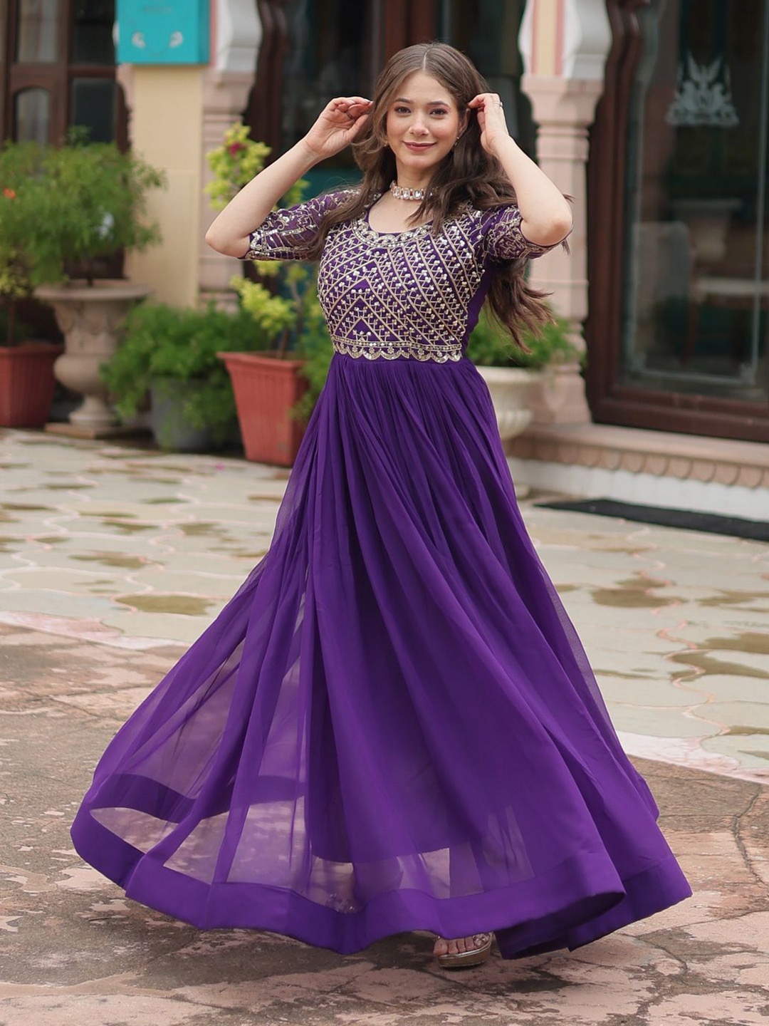 

YOYO Fashion Women Embroidered Fit and Flare Ethnic Dresses, Purple