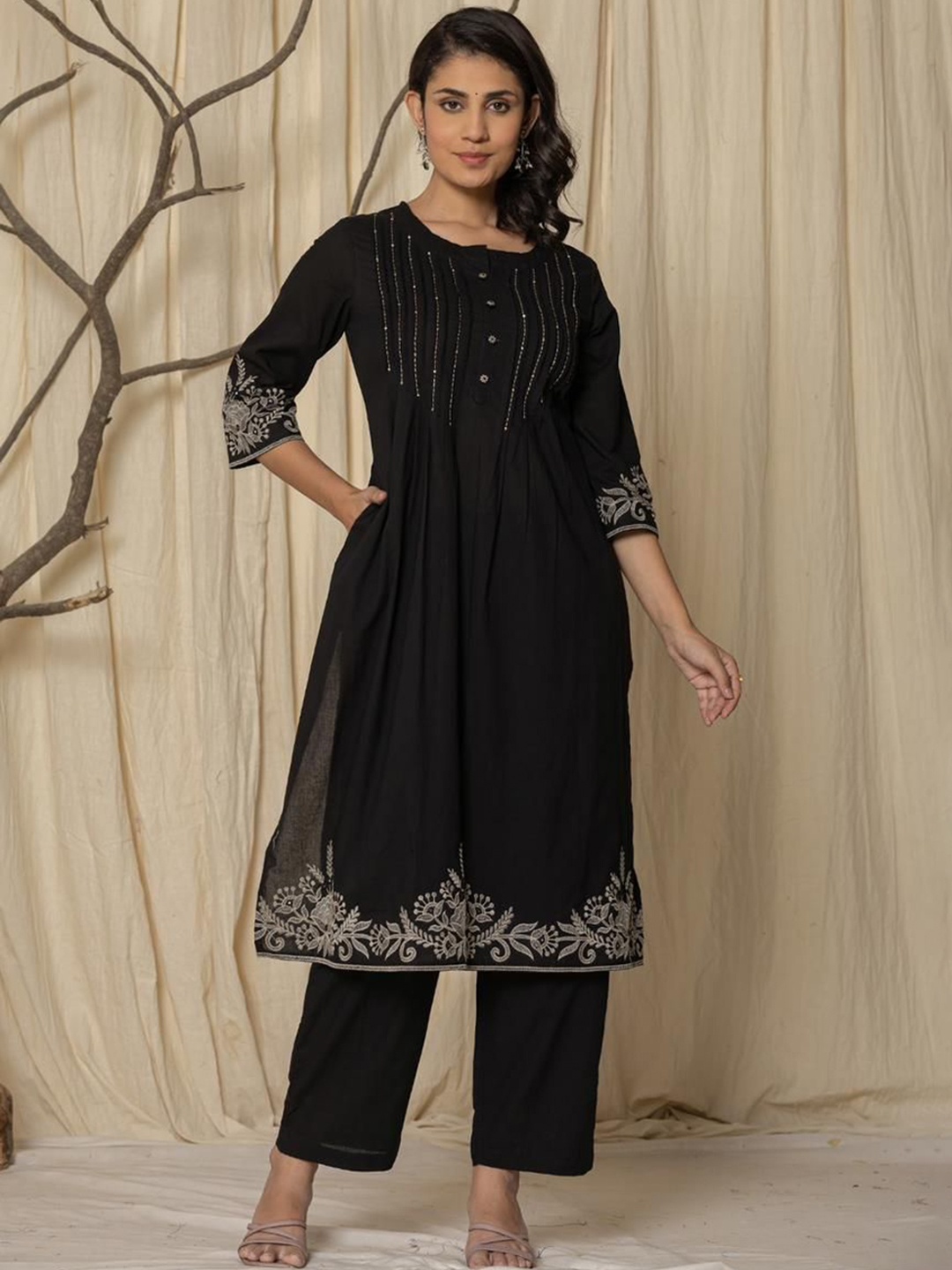 

KALINI Women Regular Thread Work Pure Cotton Kurta with Trousers, Black