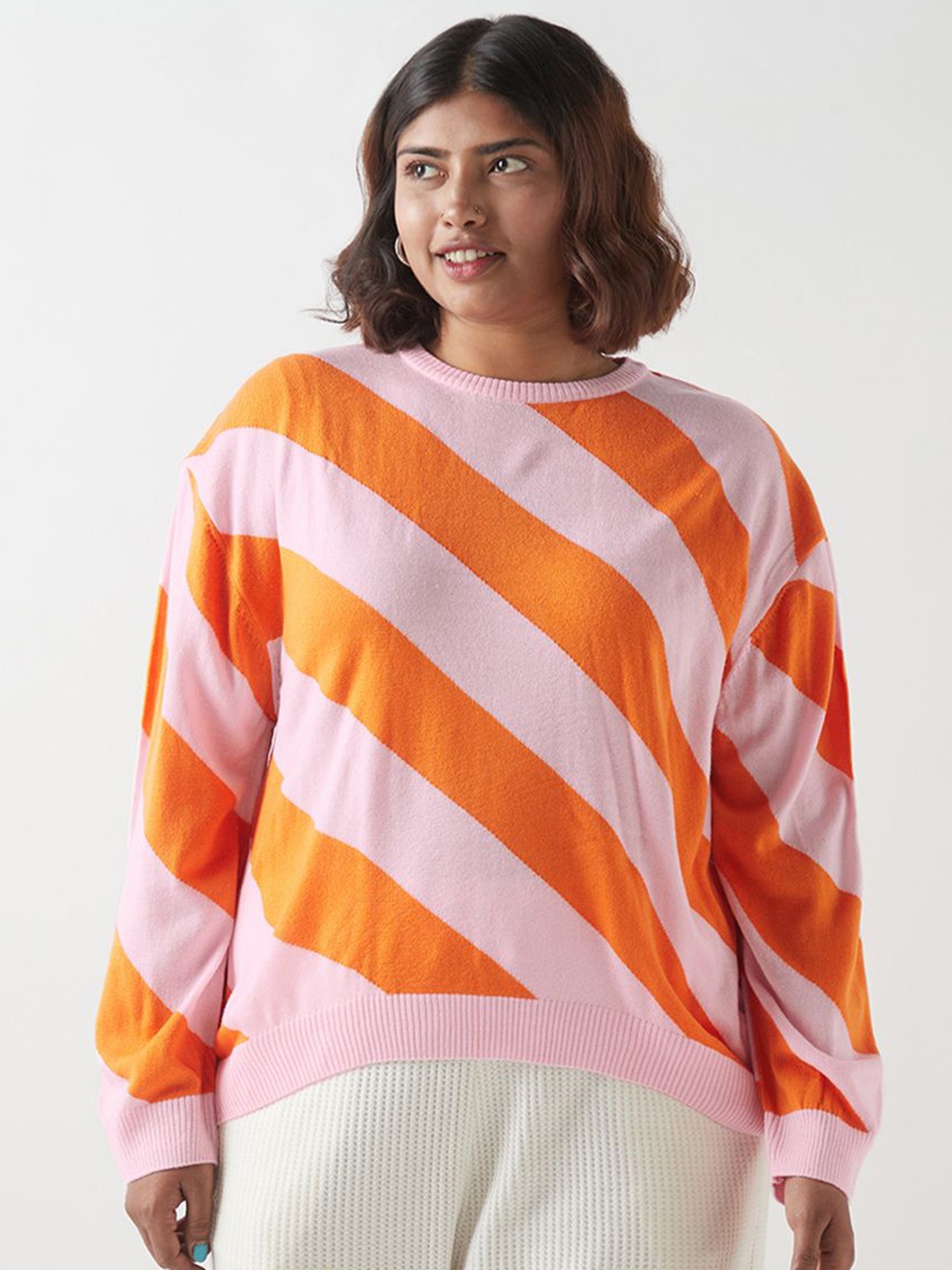 

Bewakoof Plus Women Striped Plus Size Pullover, Pink