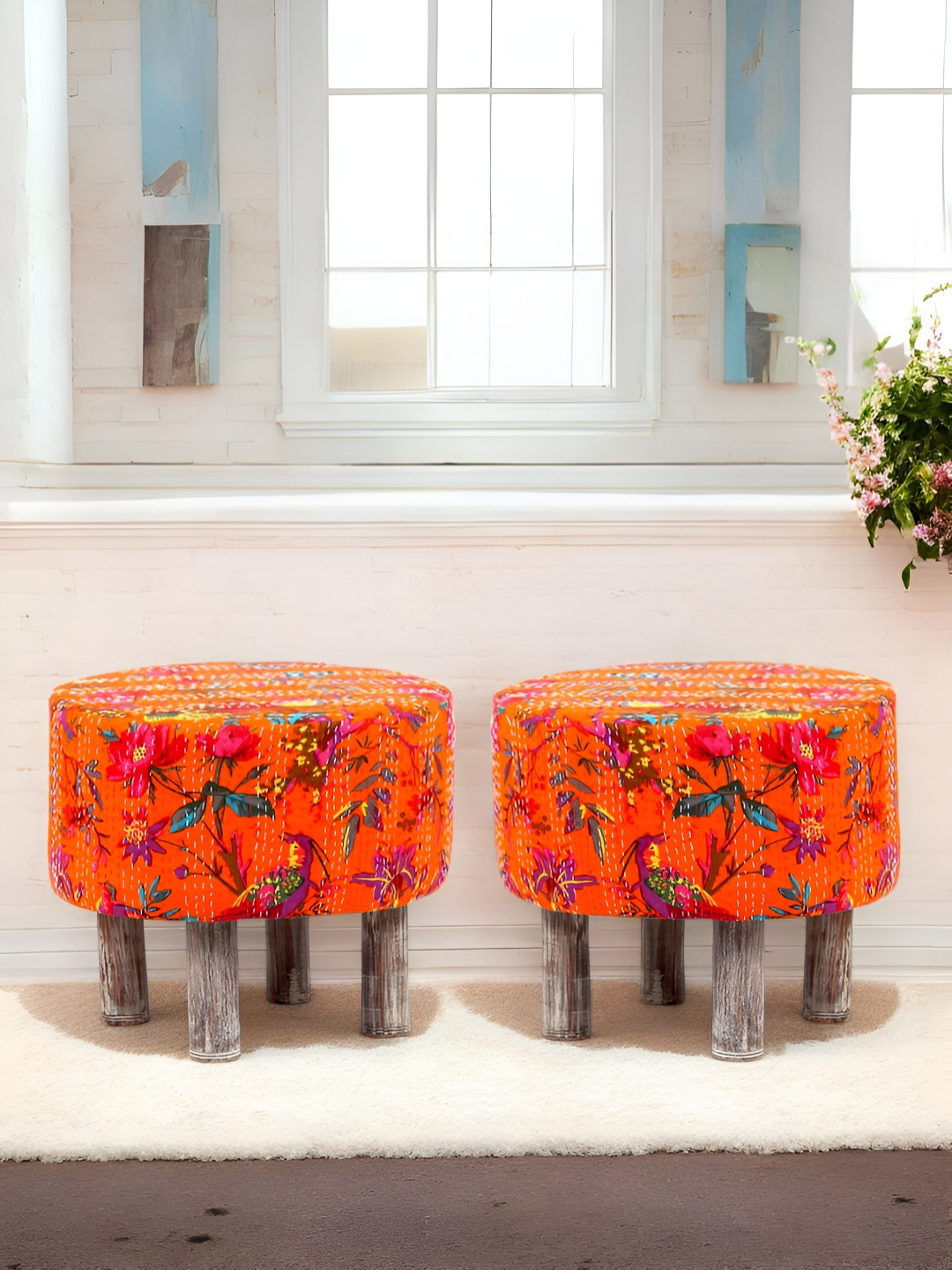 

Ikiriya 2-Pcs Orange Colored & Brown Embroidered Round Ottomans