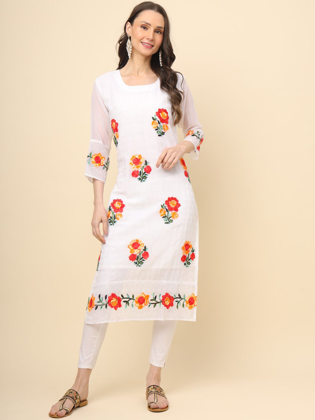 

HERE&NOW Women Floral Embroidered Thread Work Georgette Kurta, White