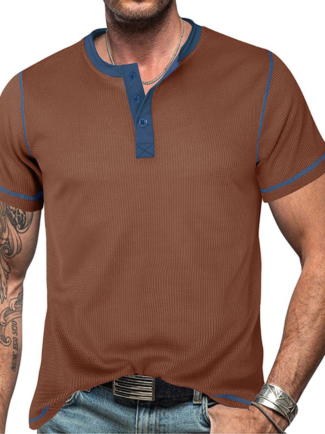 

StyleCast x Revolte Men Mandarin Collar T-shirt, Coffee brown