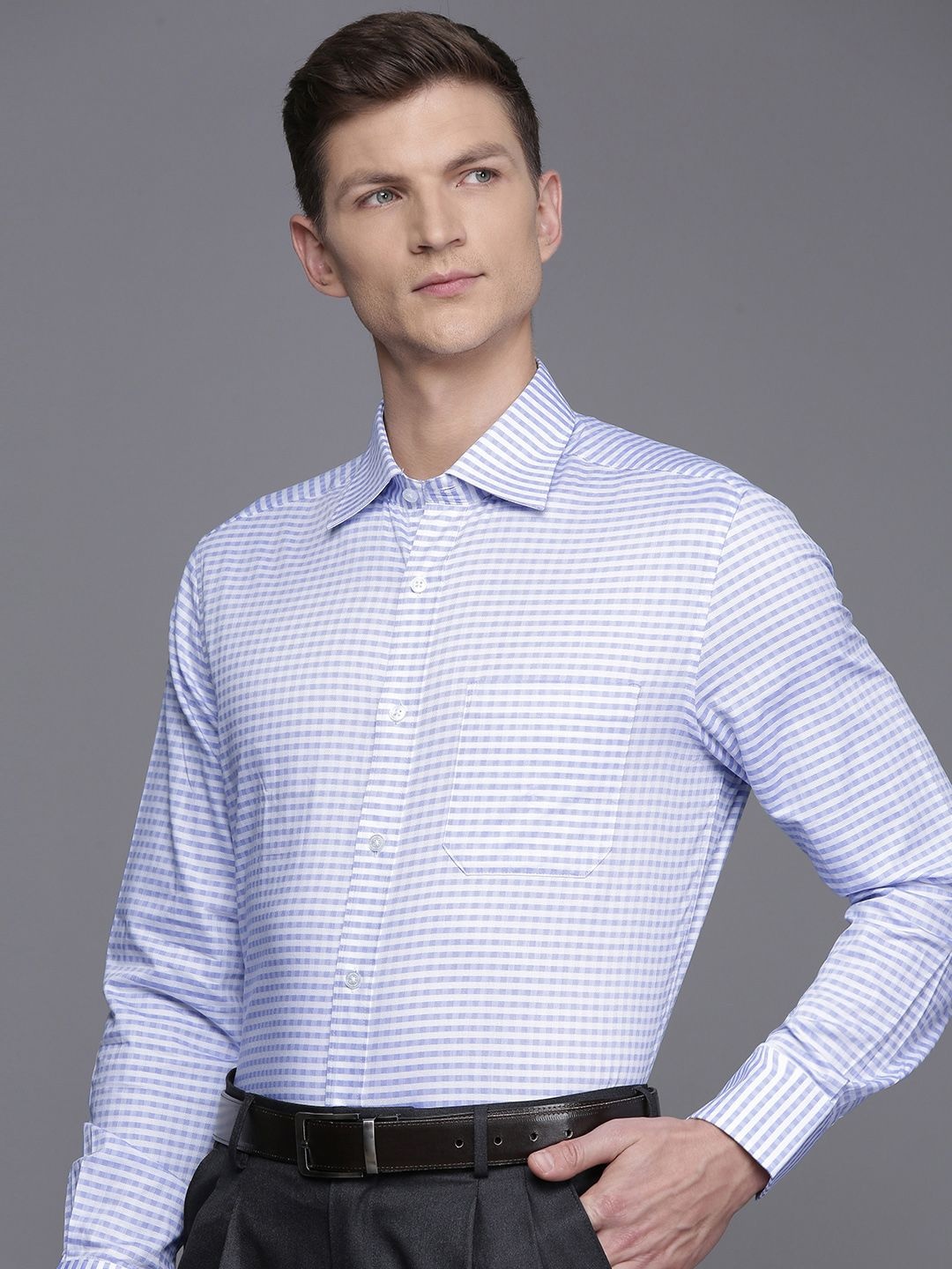 

Louis Philippe Pure Cotton Classic Fit Striped Formal Shirt, Blue