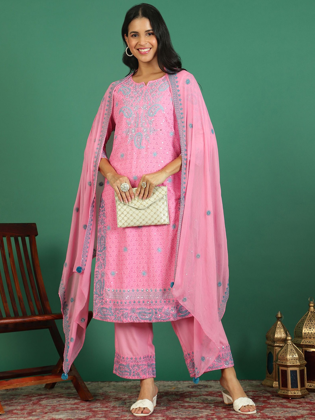 

Sangria Embroidered Kurta & Trouser With Dupatta, Pink