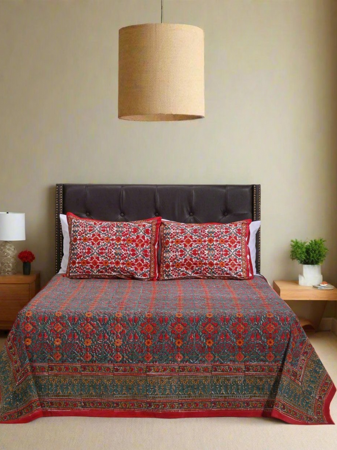 

SHAHENAZ 220TC Vrindavan Olive Blossom Hand Block Queen Bedsheet with 2 Pillow Covers