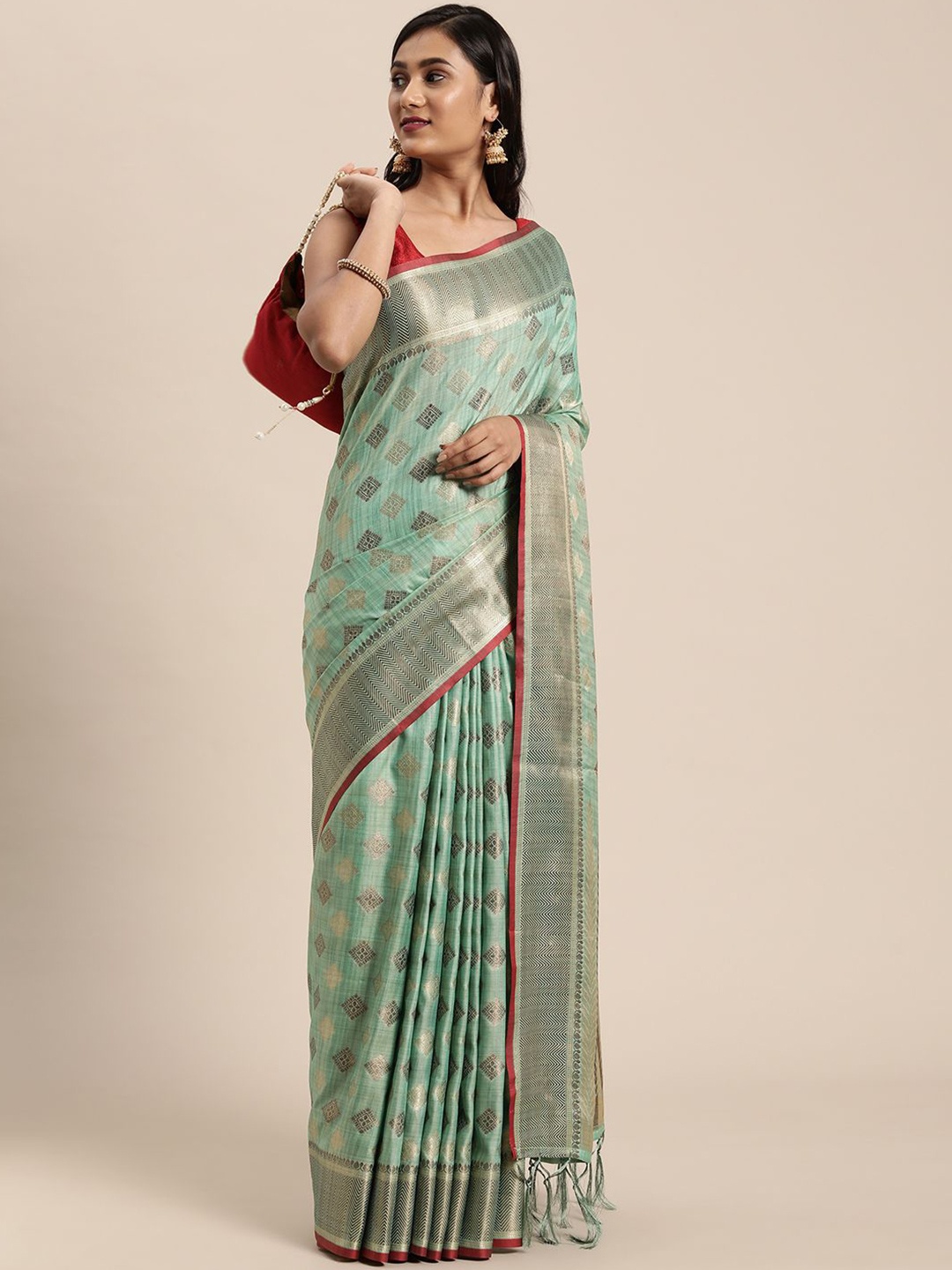 

ISHIKA FAB Zari Silk Cotton Chanderi Saree, Sea green