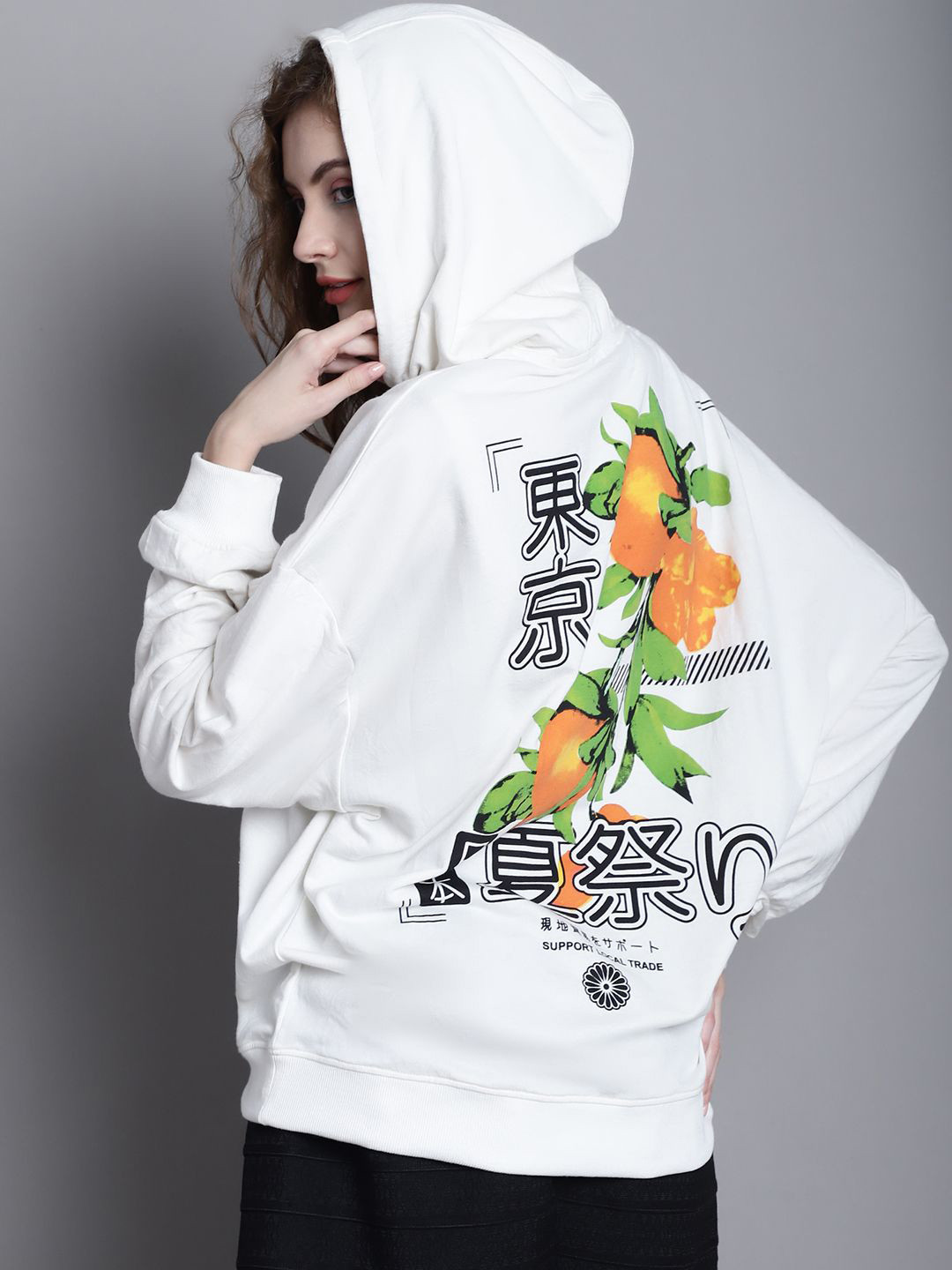

DOOR74 Women Graphic Printed Long Sleeves Hooded Sweatshirt, Off white