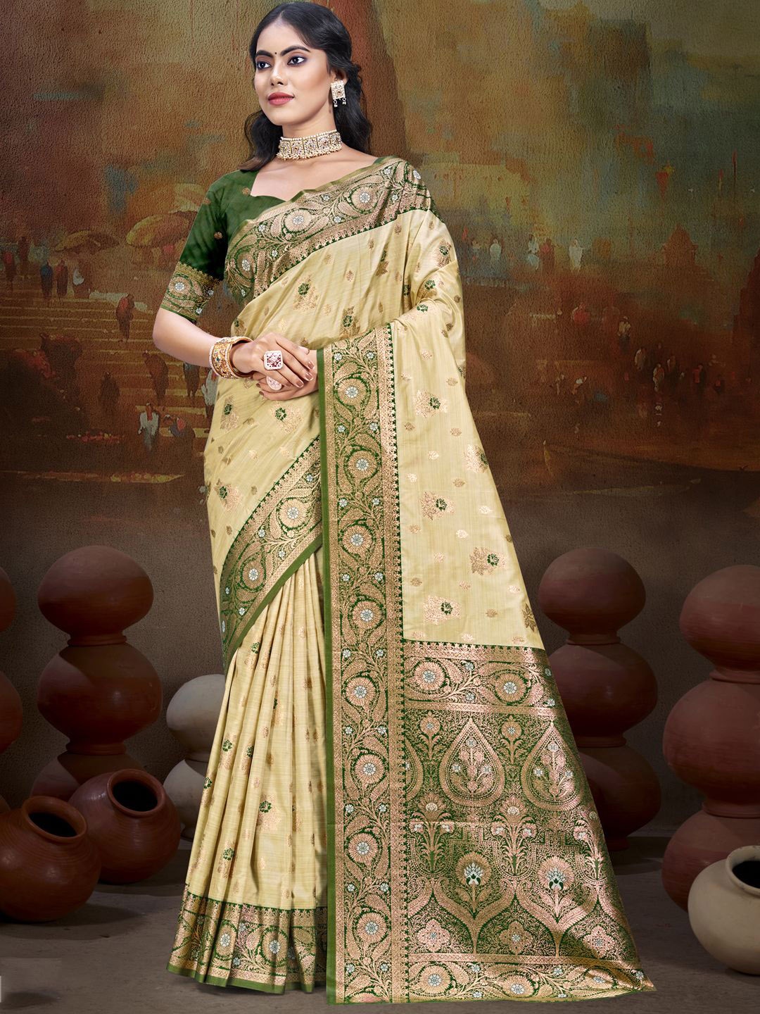 

SANGAM PRINTS Woven Design Zari Silk Blend Tussar Saree, Beige