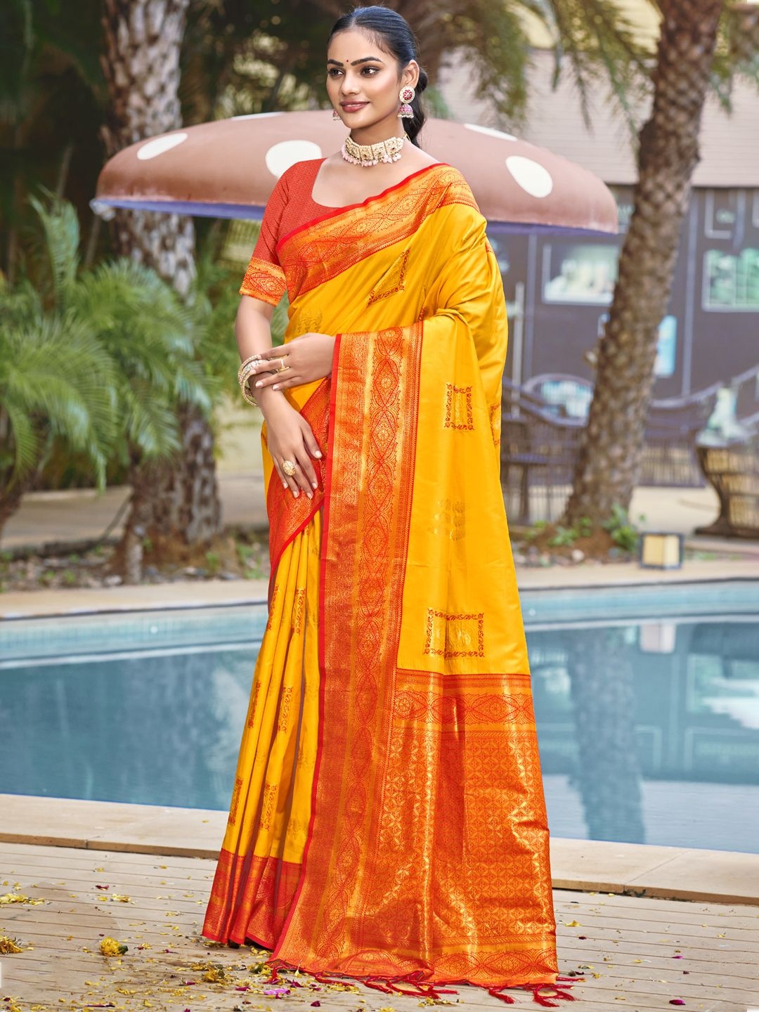 

SANGAM PRINTS Woven Design Zari Silk Blend Tussar Saree, Mustard