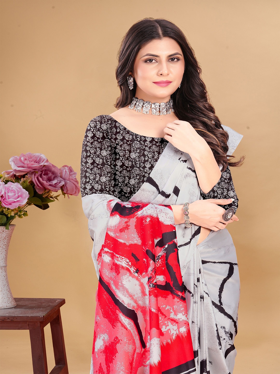 

Anouk Printed Satin Saree with Blouse Piece, Grey