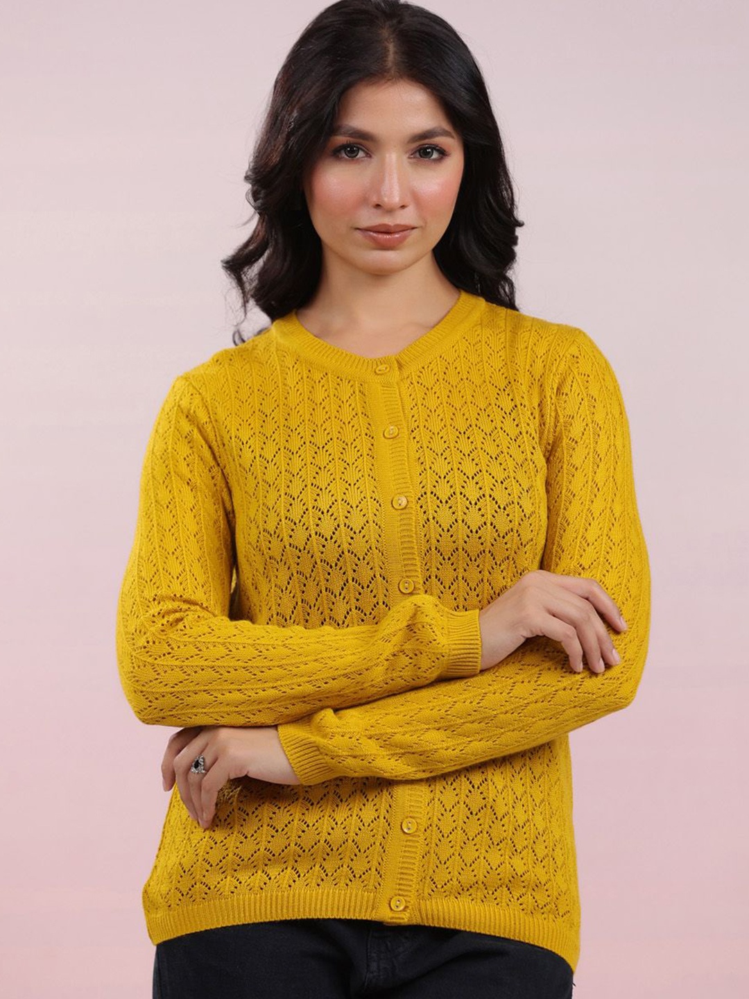 

Janasya Self Design Woollen Winter Cardigan, Mustard