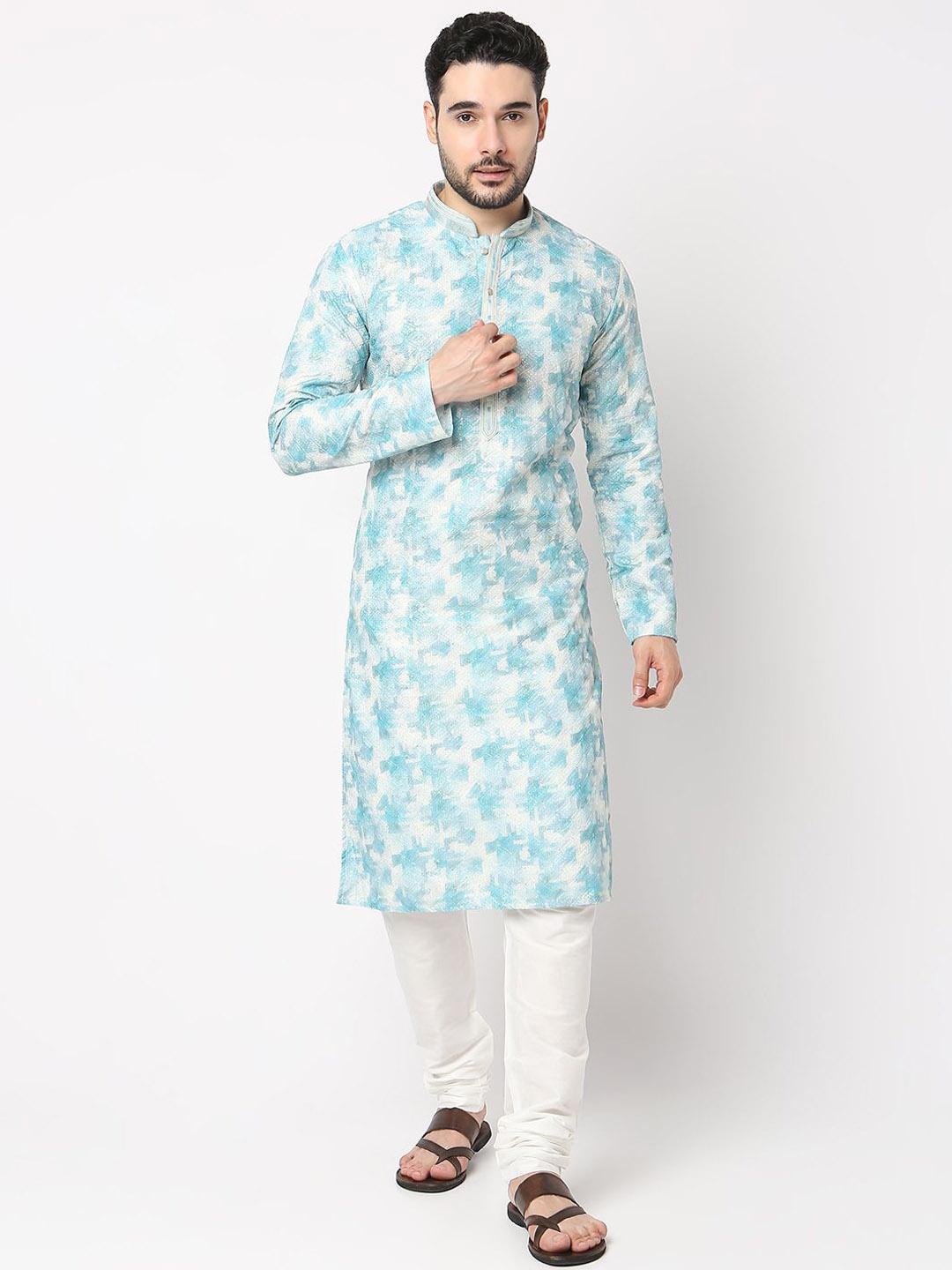 

Ethnicity Men Floral Printed Regular Kurta with Trousers, Blue