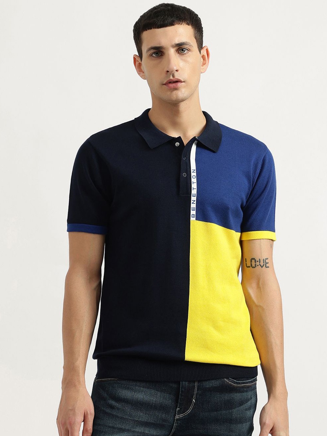 

United Colors of Benetton Men Colourblocked Polo Collar Pure Cotton Applique T-shirt, Blue