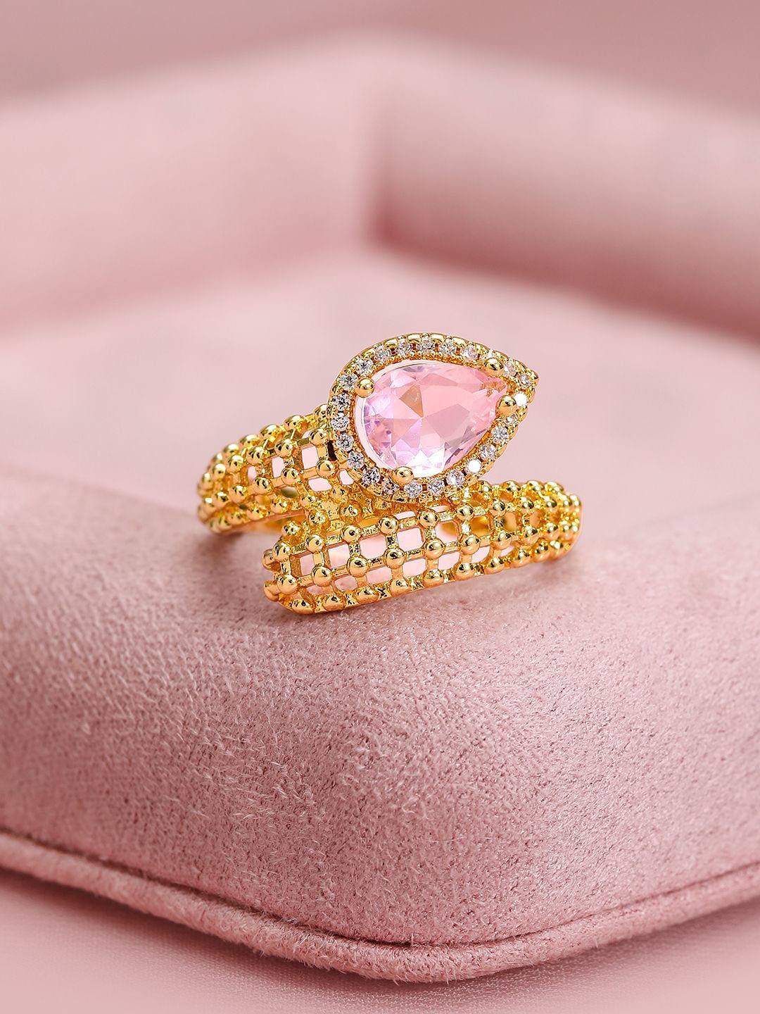 

Rubans 18K Gold-Plated Cubic Zirconia Studded Adjustable Finger Ring