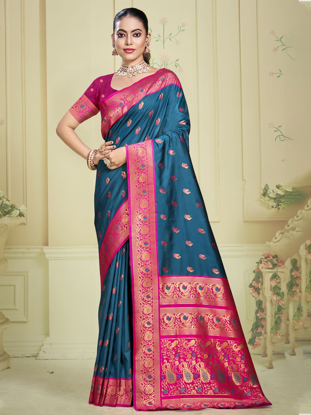 

SANGAM PRINTS Woven Design Silk Blend Designer Tussar Saree, Blue