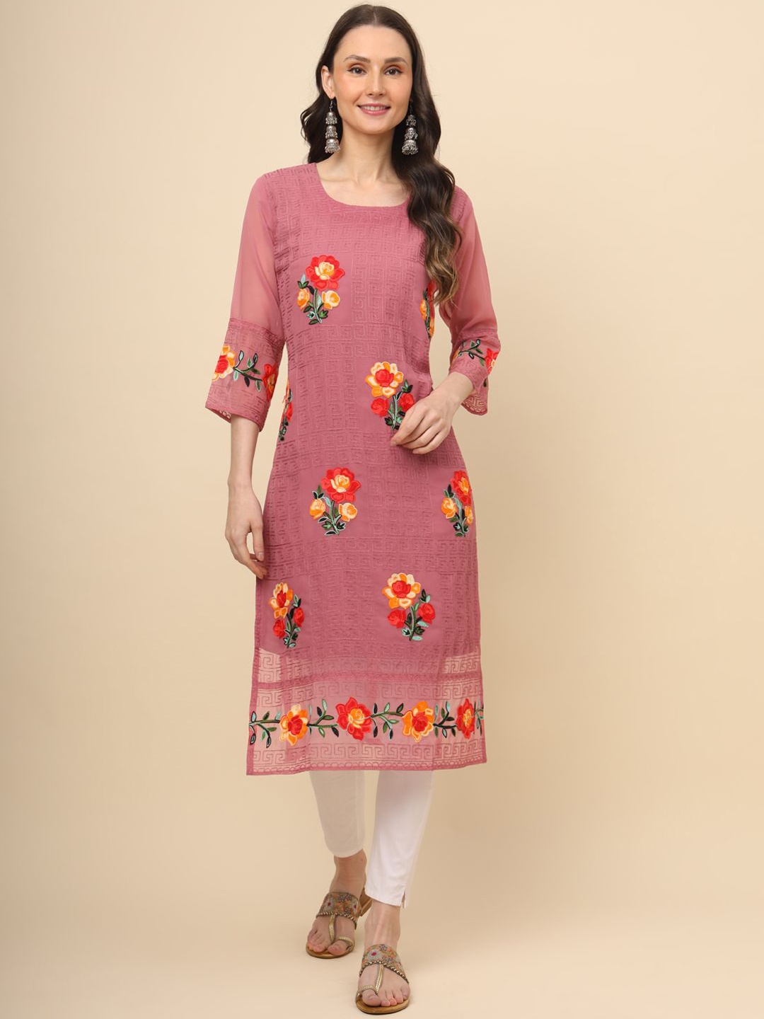 

HERE&NOW Women Floral Embroidered Thread Work Georgette Kurta, Mauve