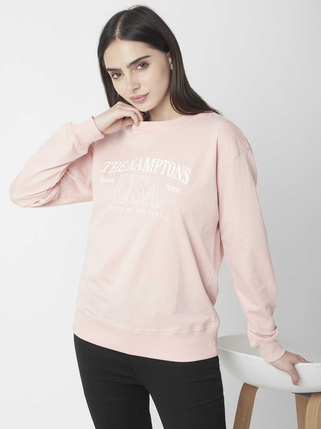 

R&B Women Typography Printed Cotton Sweatshirt, Pink